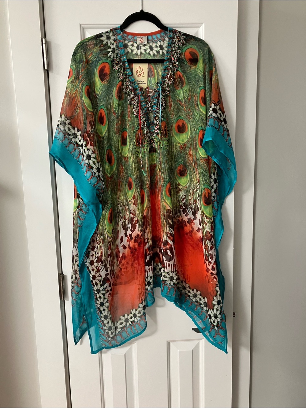 Peacock-Print Sheer Tunic with Turquoise Trim